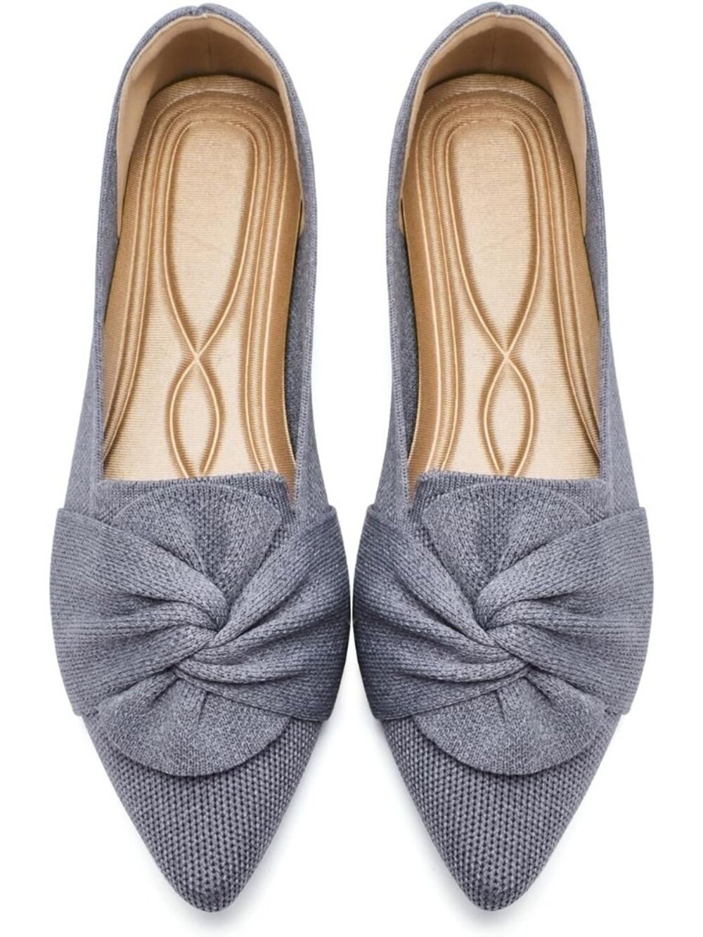 Women's Grey Bow Pointed Toe Pull On Comfortable Knit Dressy Ballet Flat Shoes
